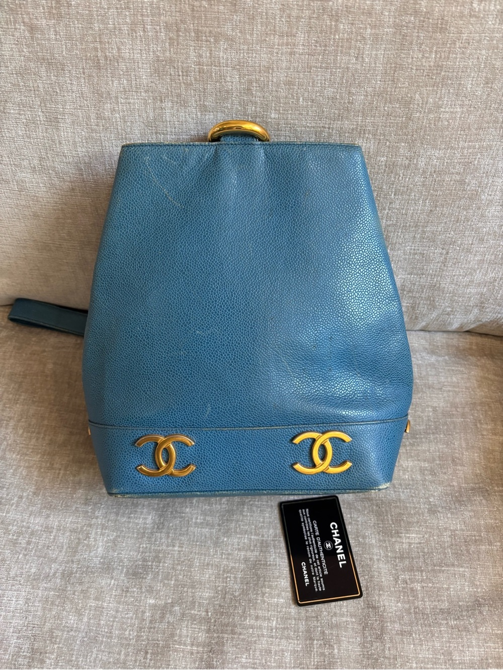 Authentic CHANEL vintage blue calf skin sling bucket bag 24k gold - Picture 5 of 14